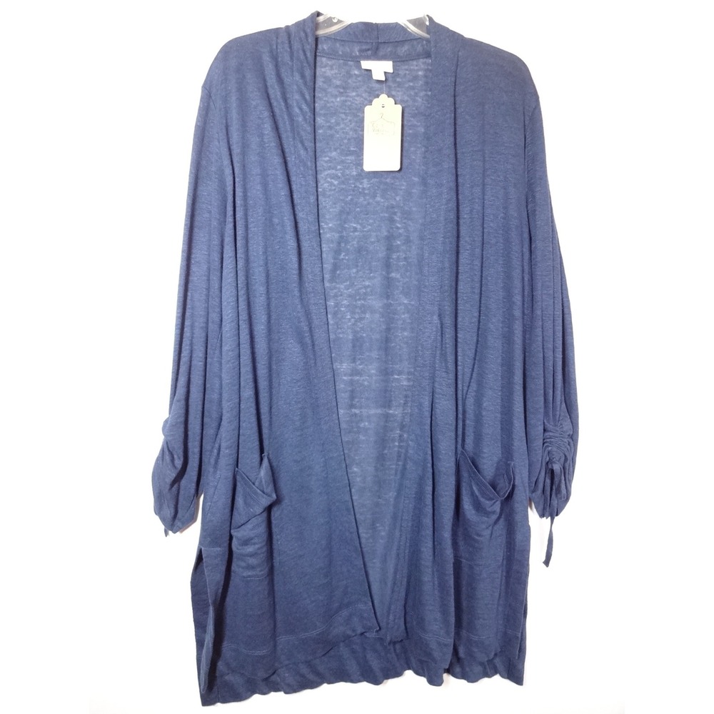 J. Jill Cardigan Women Medium Blue Linen Blend Open Front Longline Coastal